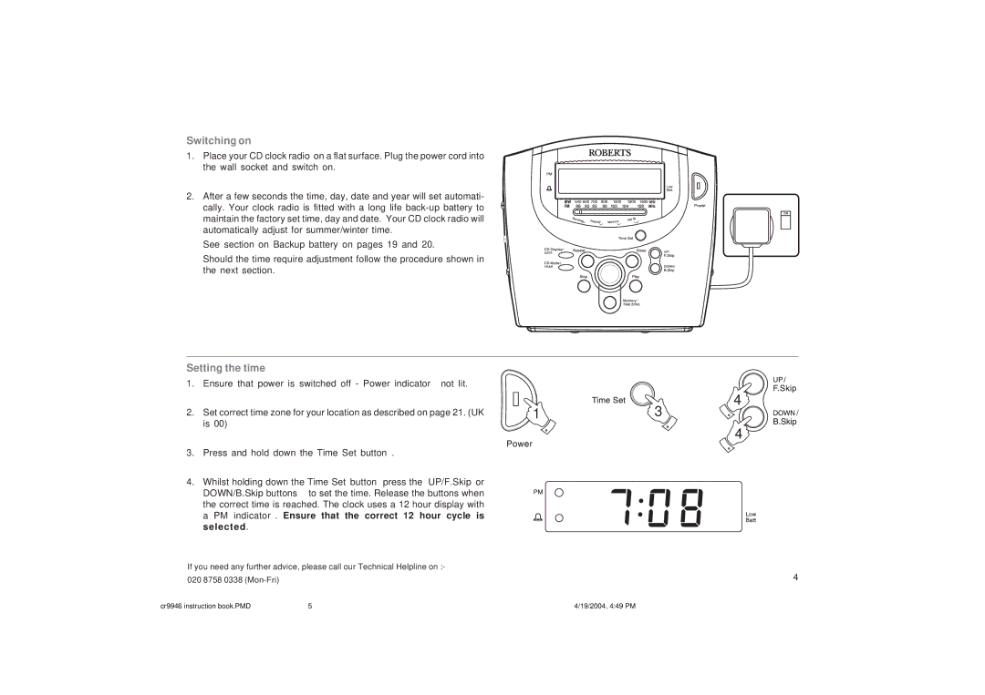 Roberts Radio CR9946 manual Switching on, Setting the time 