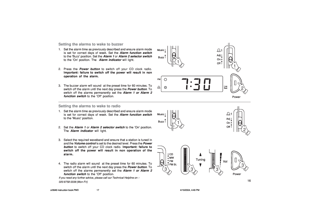 Roberts Radio CR9946 manual Setting the alarms to wake to buzzer, Setting the alarms to wake to radio 