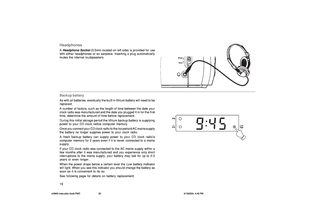 Roberts Radio CR9946 manual Headphones, Backup battery 