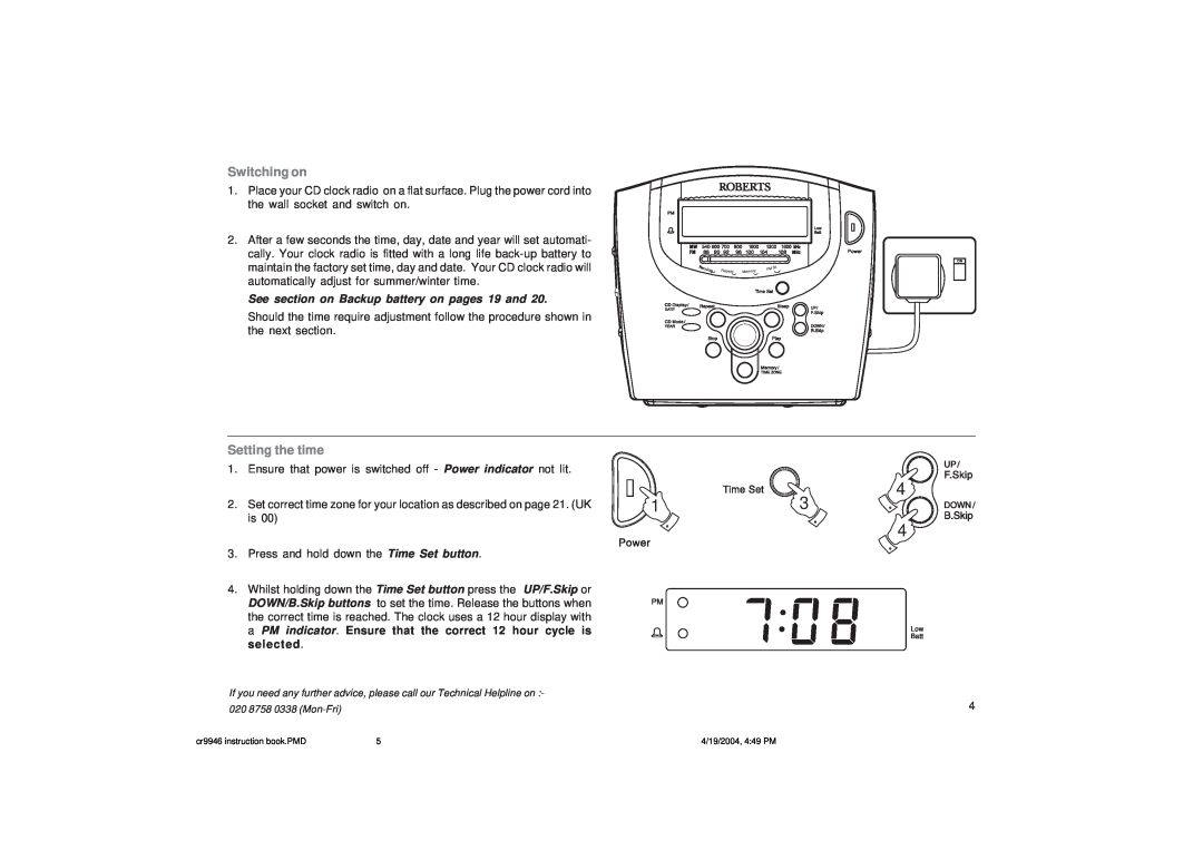 Roberts Radio CR9946 manual Switching on, Setting the time, See section on Backup battery on pages 19 and 