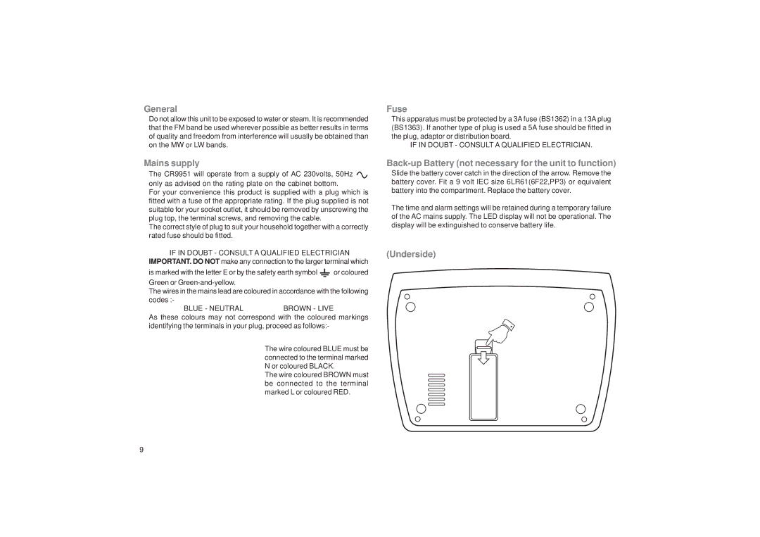 Roberts Radio CR9951 manual General, Mains supply, Fuse, Back-up Battery not necessary for the unit to function, Underside 