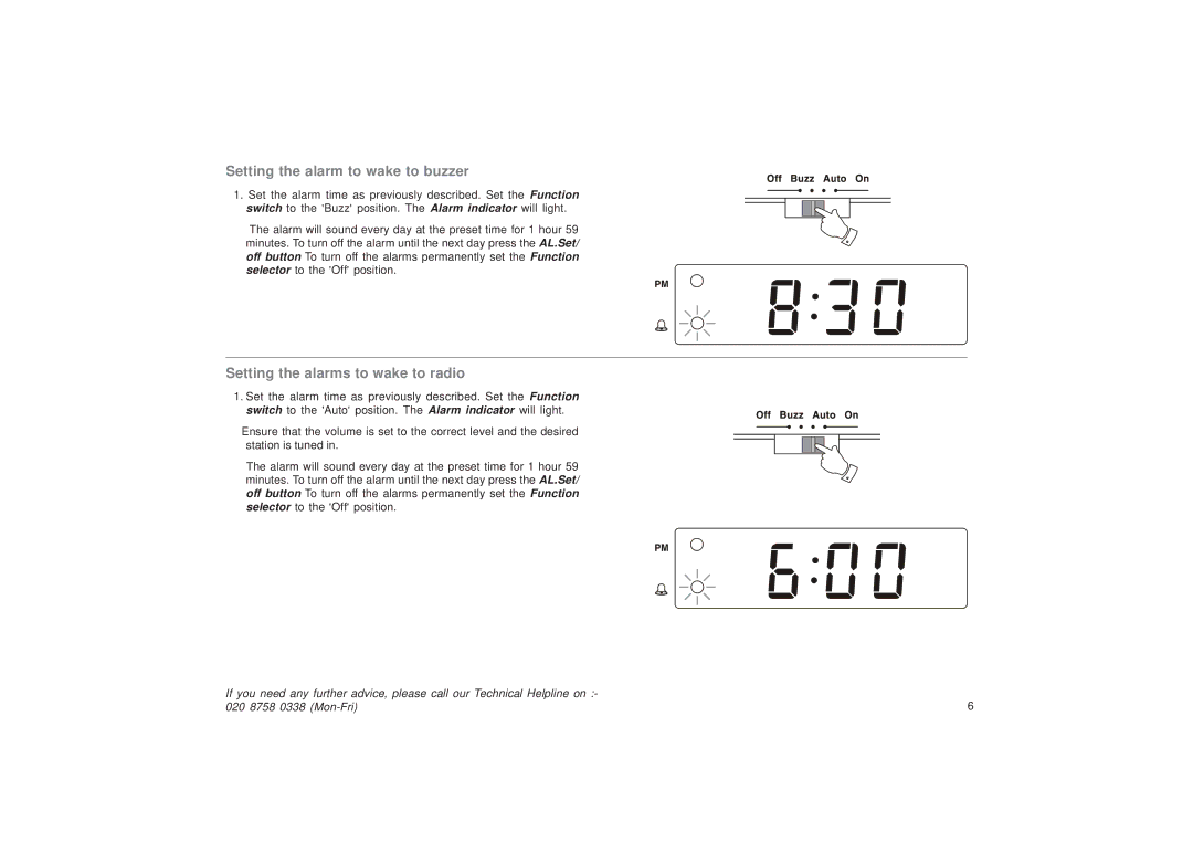 Roberts Radio CR9951 manual Setting the alarm to wake to buzzer, Setting the alarms to wake to radio 