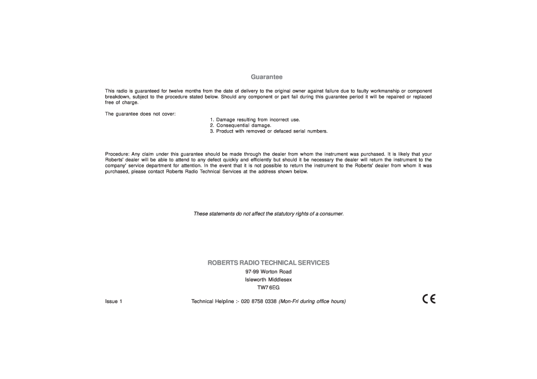 Roberts Radio CR9951 manual Guarantee, Roberts Radio Technical Services, Worton Road Isleworth Middlesex TW7 6EG, Issue 