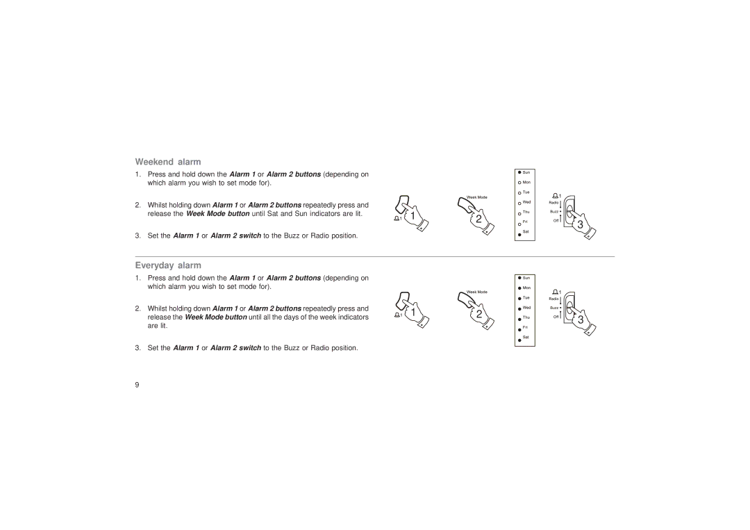 Roberts Radio CR9953 manual Weekend alarm, Everyday alarm 