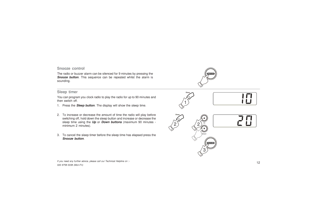 Roberts Radio CR9953 manual Snooze control, Sleep timer 