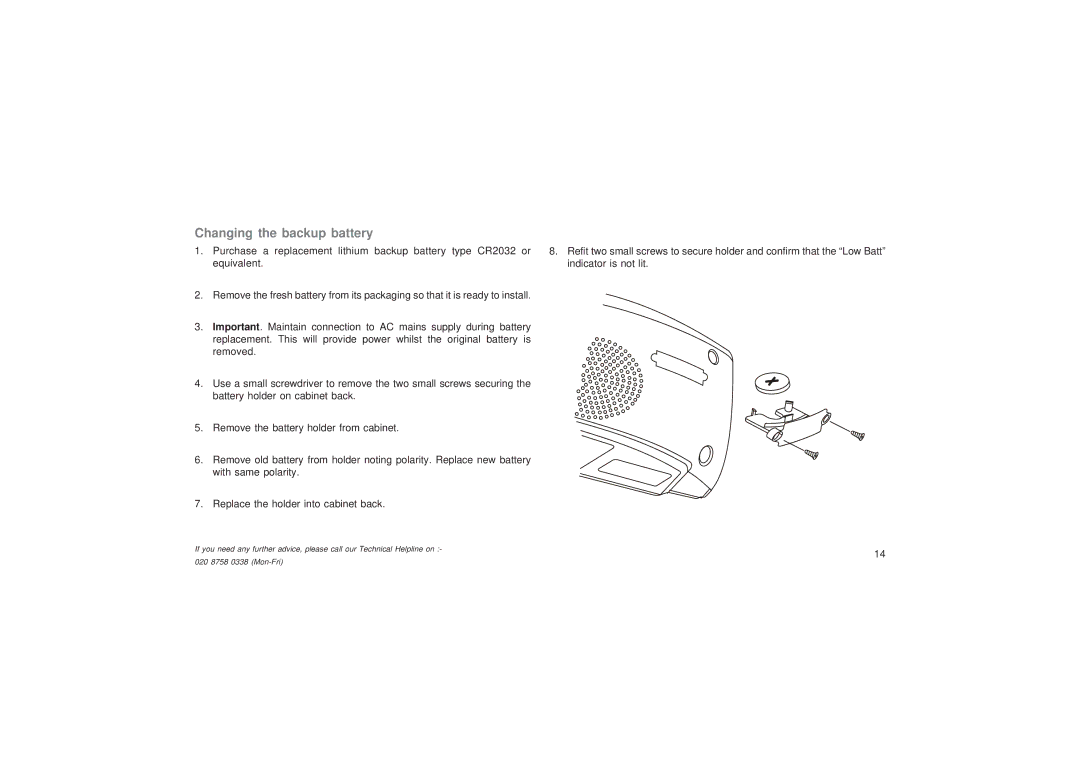 Roberts Radio CR9953 manual Changing the backup battery 