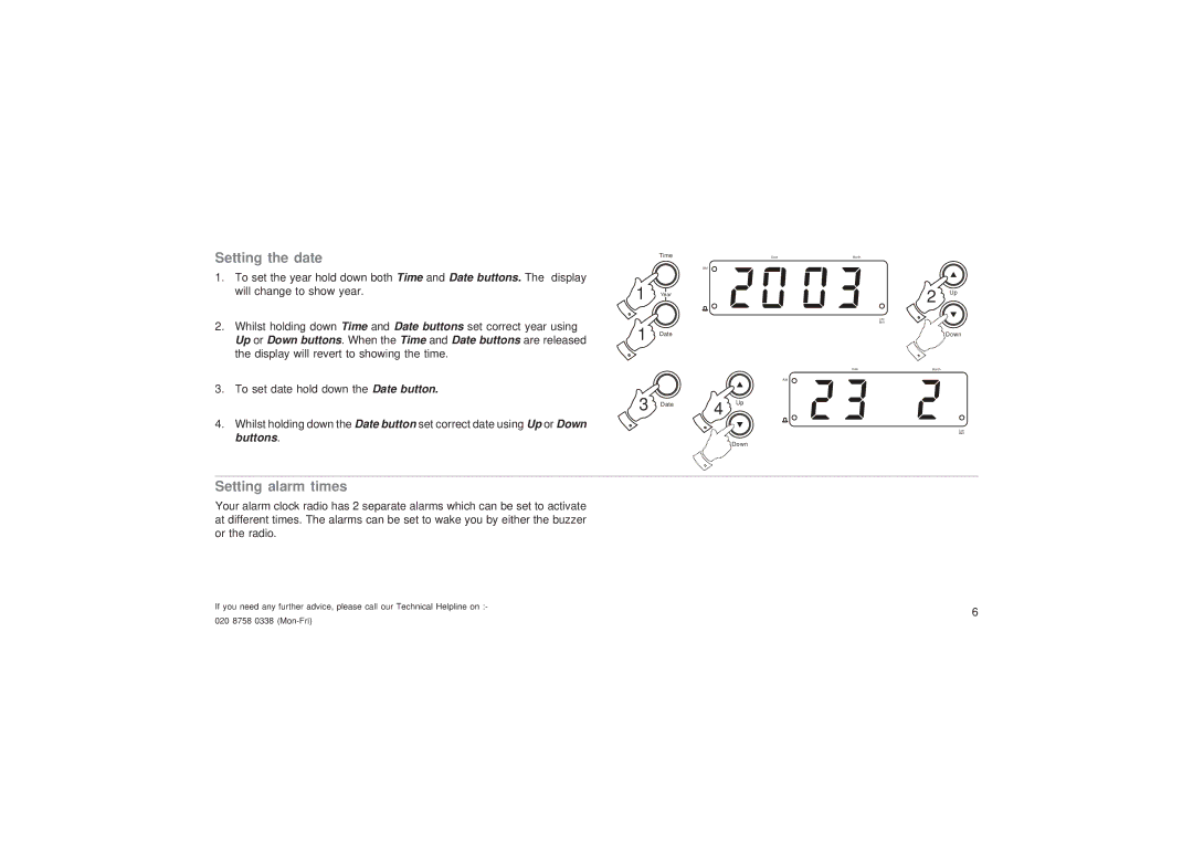 Roberts Radio CR9953 manual Setting the date, Setting alarm times 