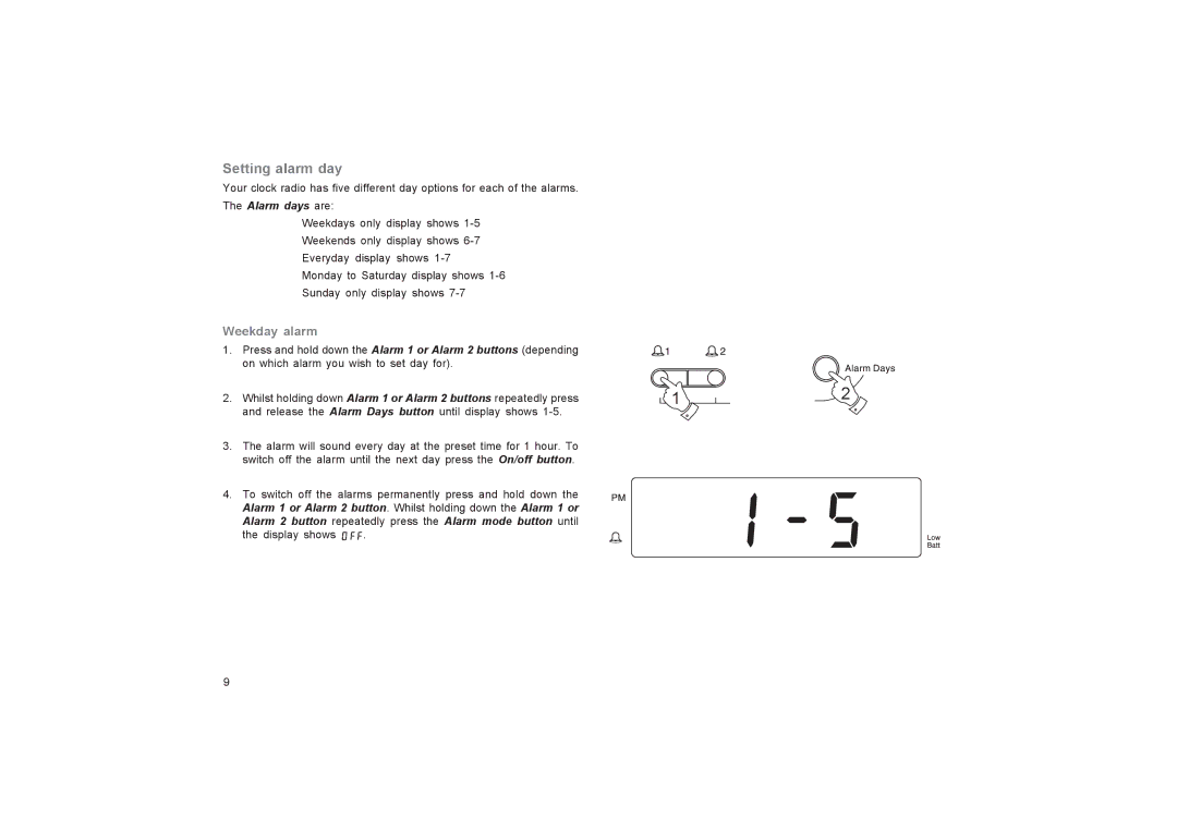 Roberts Radio CR9955 manual Setting alarm day, Alarm days are 