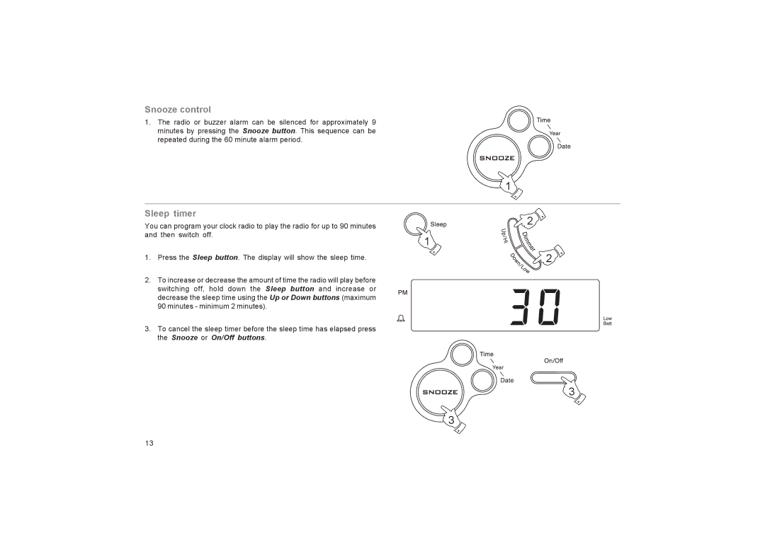 Roberts Radio CR9955 manual Snooze control, Sleep timer 