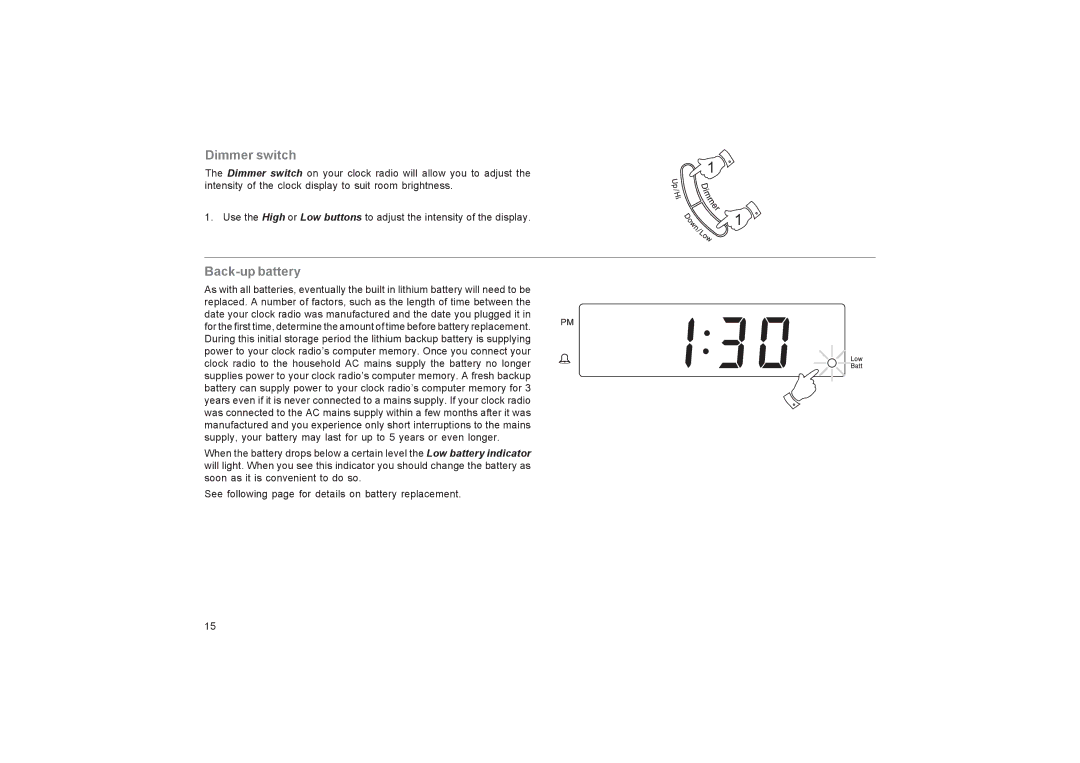 Roberts Radio CR9955 manual Dimmer switch, Back-up battery 