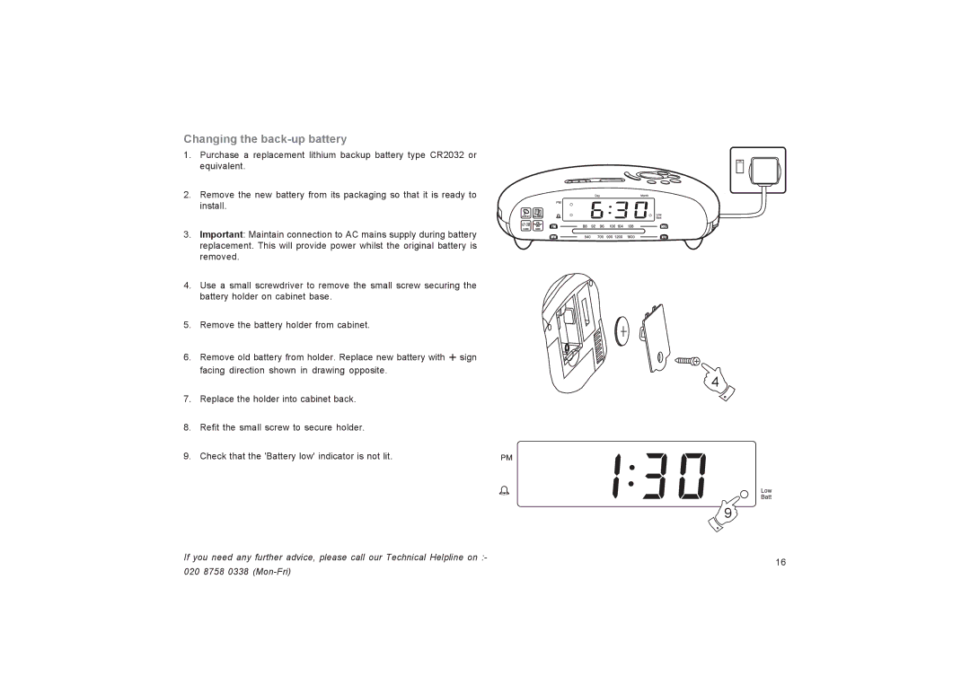 Roberts Radio CR9955 manual Changing the back-up battery 