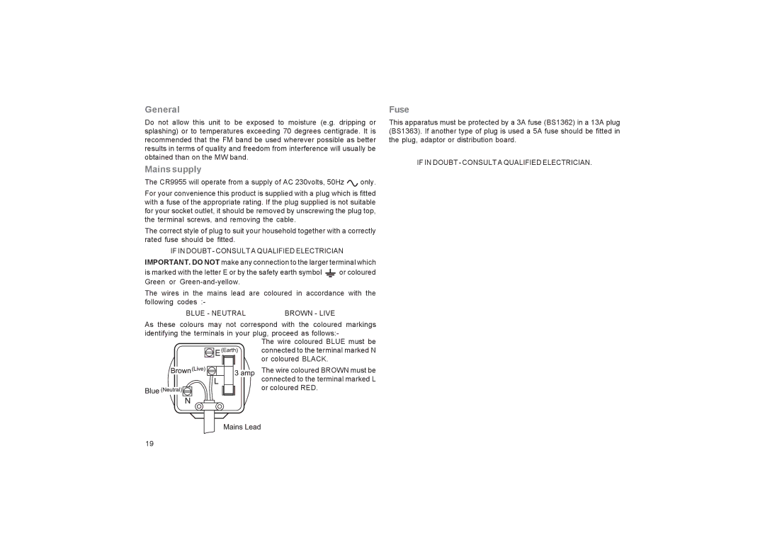 Roberts Radio CR9955 manual General, Mains supply, Fuse 