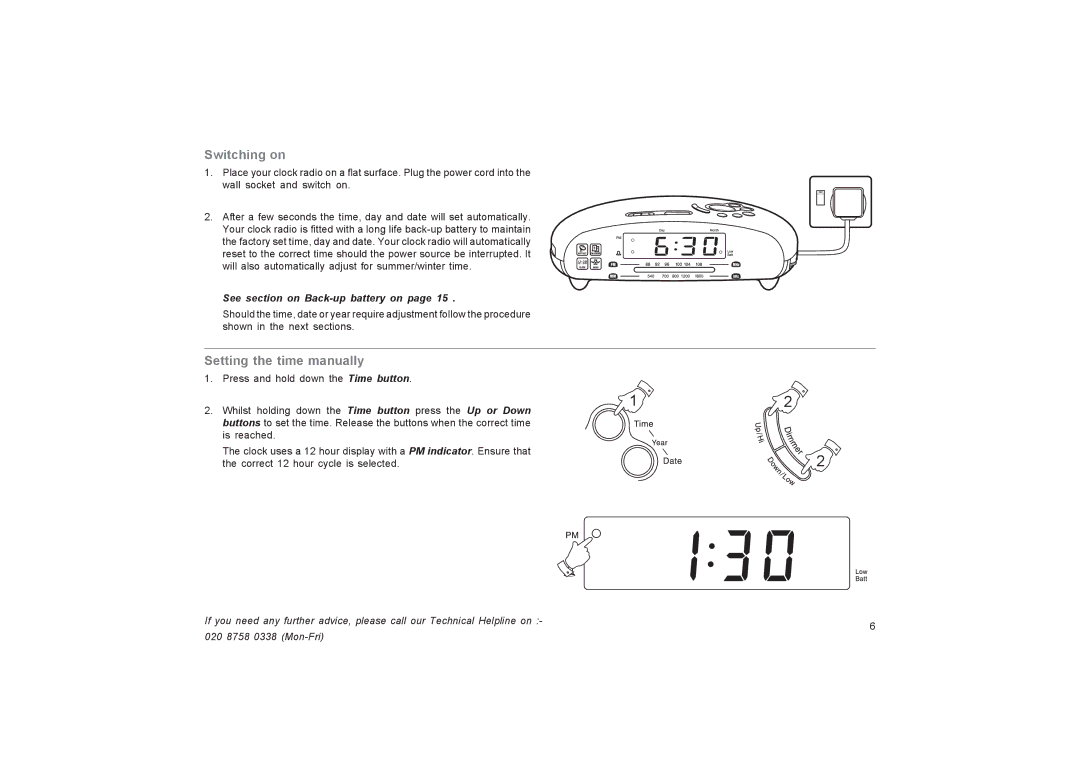 Roberts Radio CR9955 Switching on, Setting the time manually, See section on Back-up battery on 