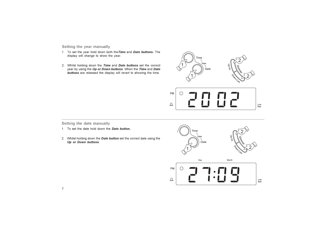 Roberts Radio CR9955 Setting the year manually, Setting the date manually, Up or Down buttons 