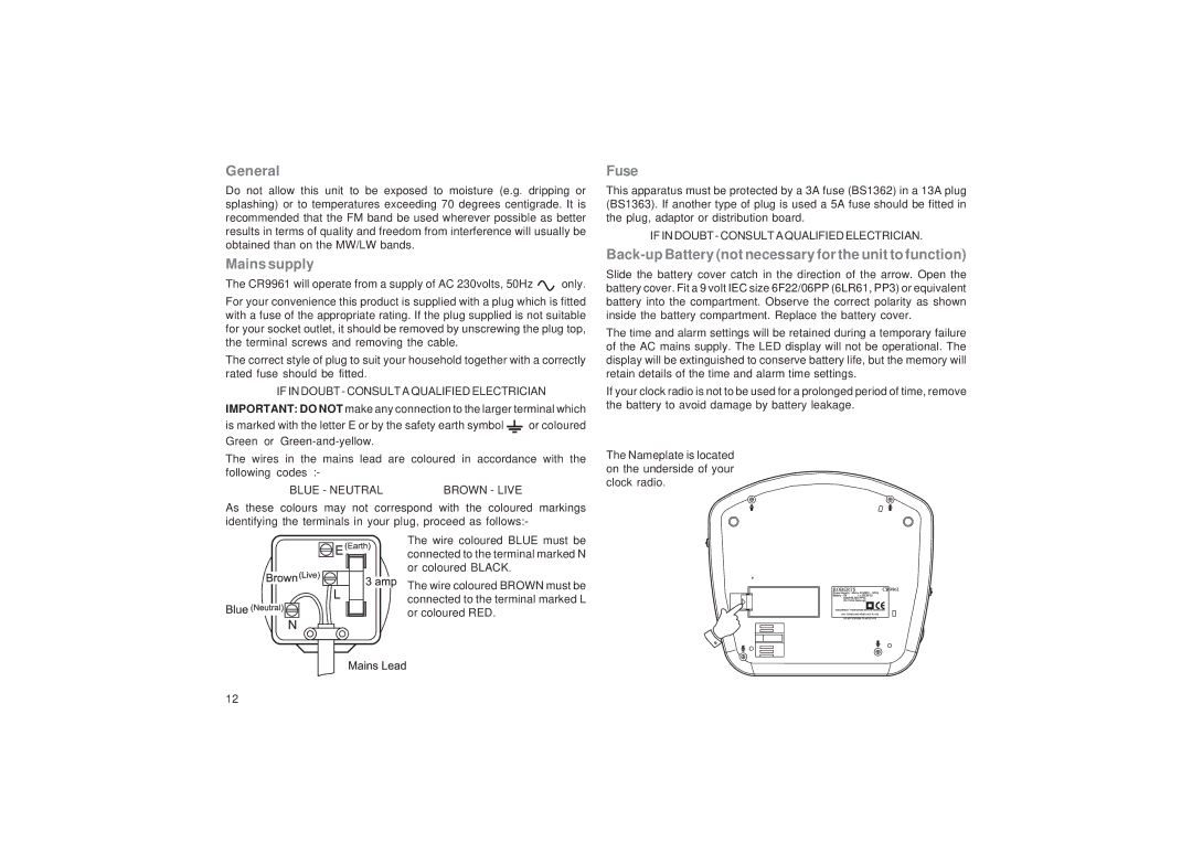 Roberts Radio CR9961 manual General, Mains supply, Fuse, Back-up Battery not necessary for the unit to function 