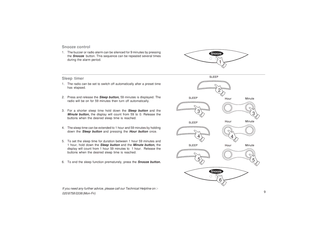 Roberts Radio CR9961 manual Snooze control, Sleep timer 