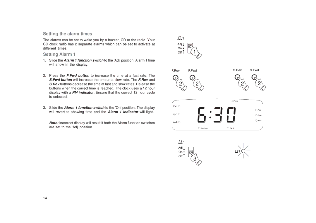 Roberts Radio CR9970 manual Setting the alarm times, Setting Alarm 