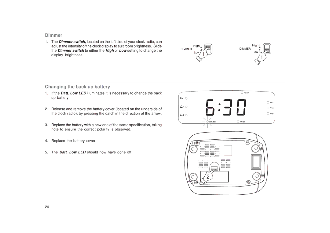 Roberts Radio CR9970 manual Dimmer, Changing the back up battery 