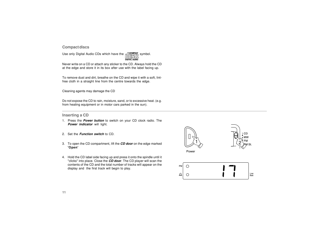 Roberts Radio CR9976 manual Compact discs, Inserting a CD 