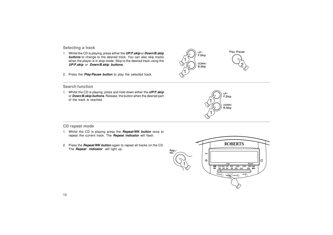 Roberts Radio CR9976 manual Selecting a track, Search function, CD repeat mode 