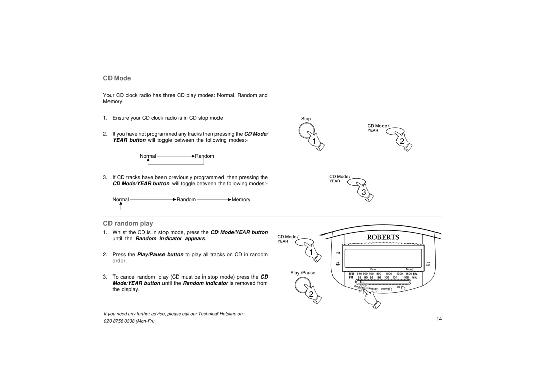 Roberts Radio CR9976 manual CD Mode, CD random play 