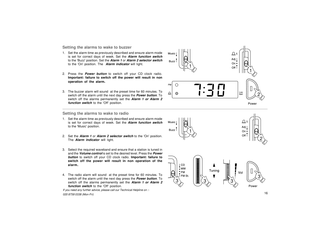 Roberts Radio CR9976 manual Setting the alarms to wake to buzzer, Setting the alarms to wake to radio 