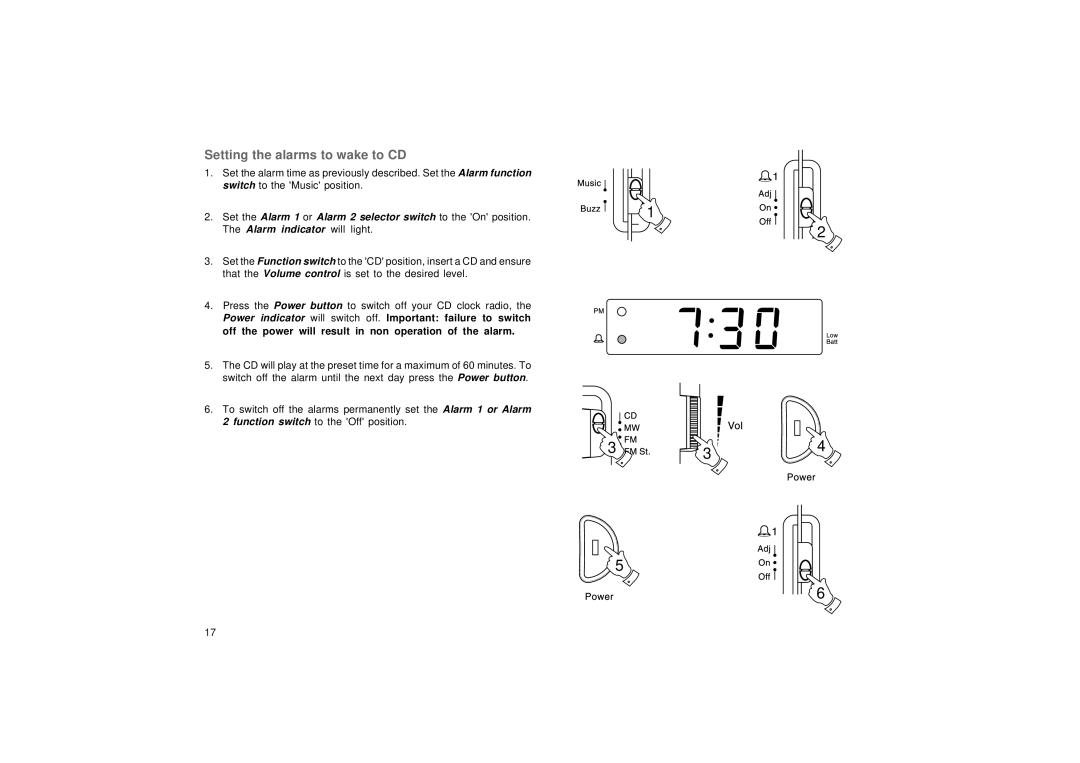 Roberts Radio CR9976 manual Setting the alarms to wake to CD 