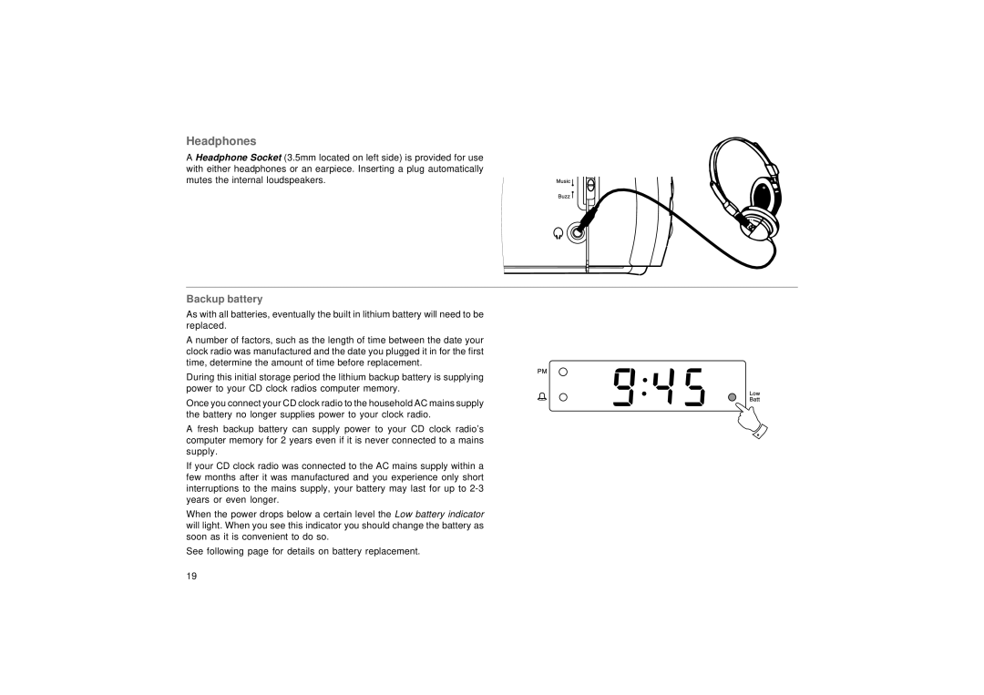 Roberts Radio CR9976 manual Headphones, Backup battery 