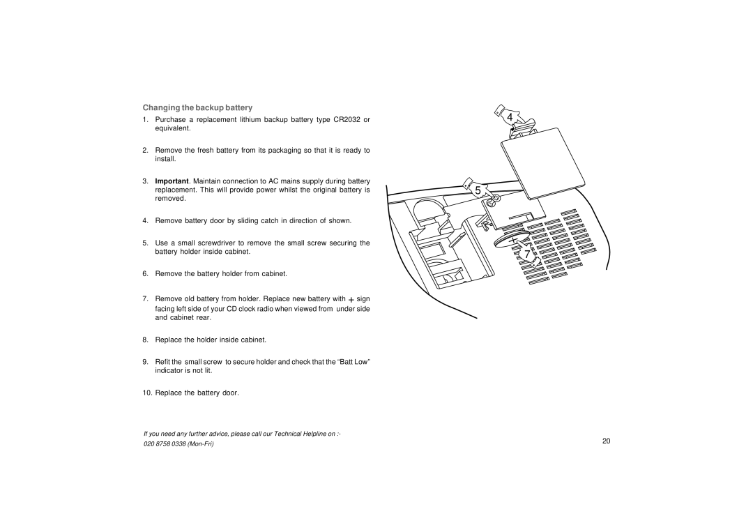 Roberts Radio CR9976 manual Changing the backup battery 