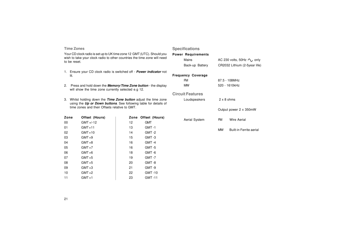 Roberts Radio CR9976 manual Specifications, Circuit Features, Time Zones 