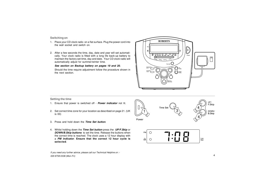 Roberts Radio CR9976 manual Switching on, Setting the time 