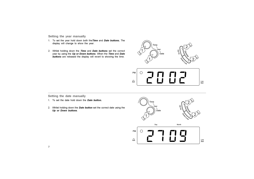 Roberts Radio CR9977 Setting the year manually, Setting the date manually, Up or Down buttons 