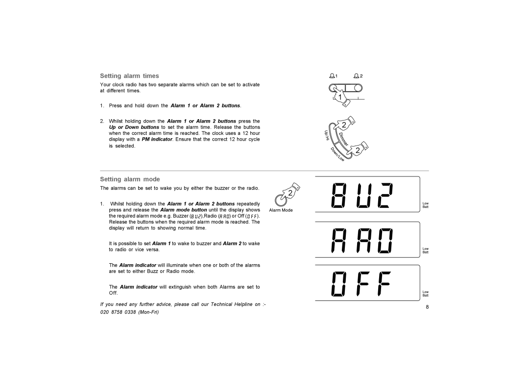 Roberts Radio CR9977 manual Setting alarm times, Setting alarm mode, Press and hold down the Alarm 1 or Alarm 2 buttons 