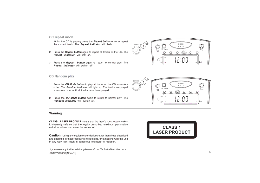 Roberts Radio CR9986 manual CD repeat mode, CD Random play 