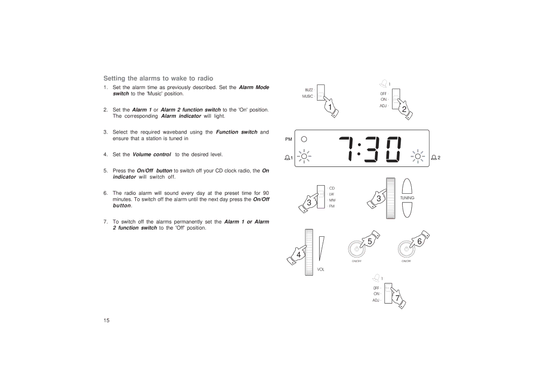 Roberts Radio CR9986 manual Setting the alarms to wake to radio, Set the Volume control 