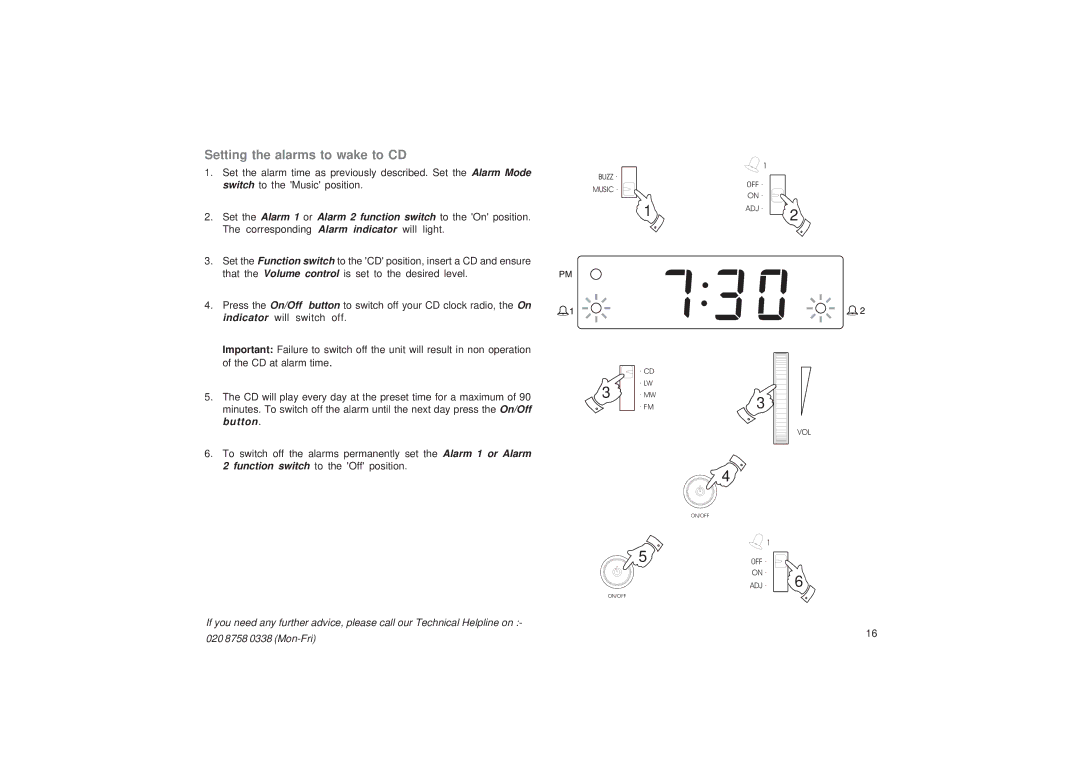 Roberts Radio CR9986 manual Setting the alarms to wake to CD 