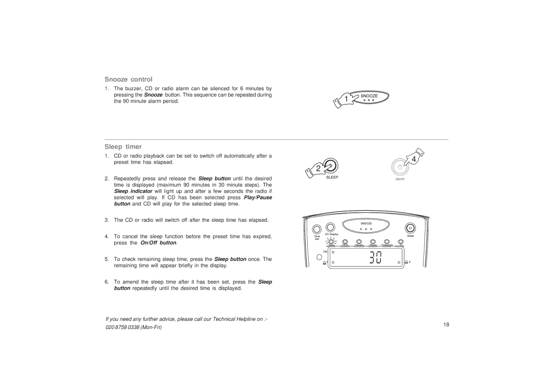 Roberts Radio CR9986 manual Snooze control, Sleep timer 