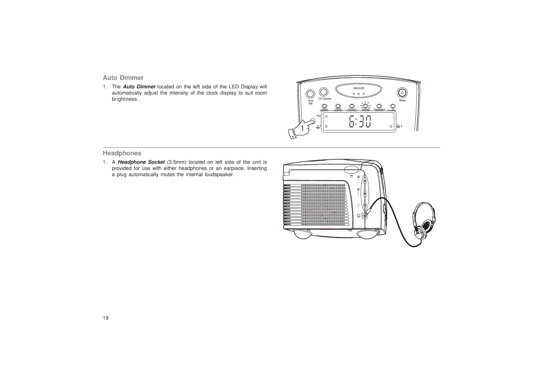 Roberts Radio CR9986 manual Auto Dimmer, Headphones 