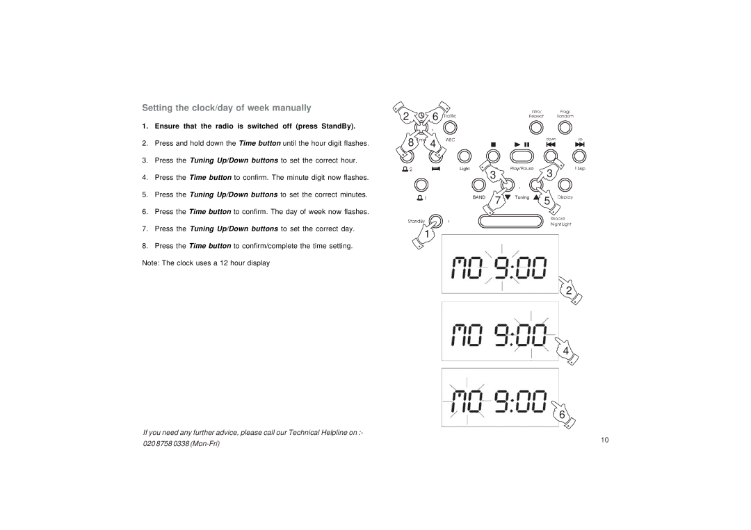 Roberts Radio CR9987 Setting the clock/day of week manually, Ensure that the radio is switched off press StandBy 