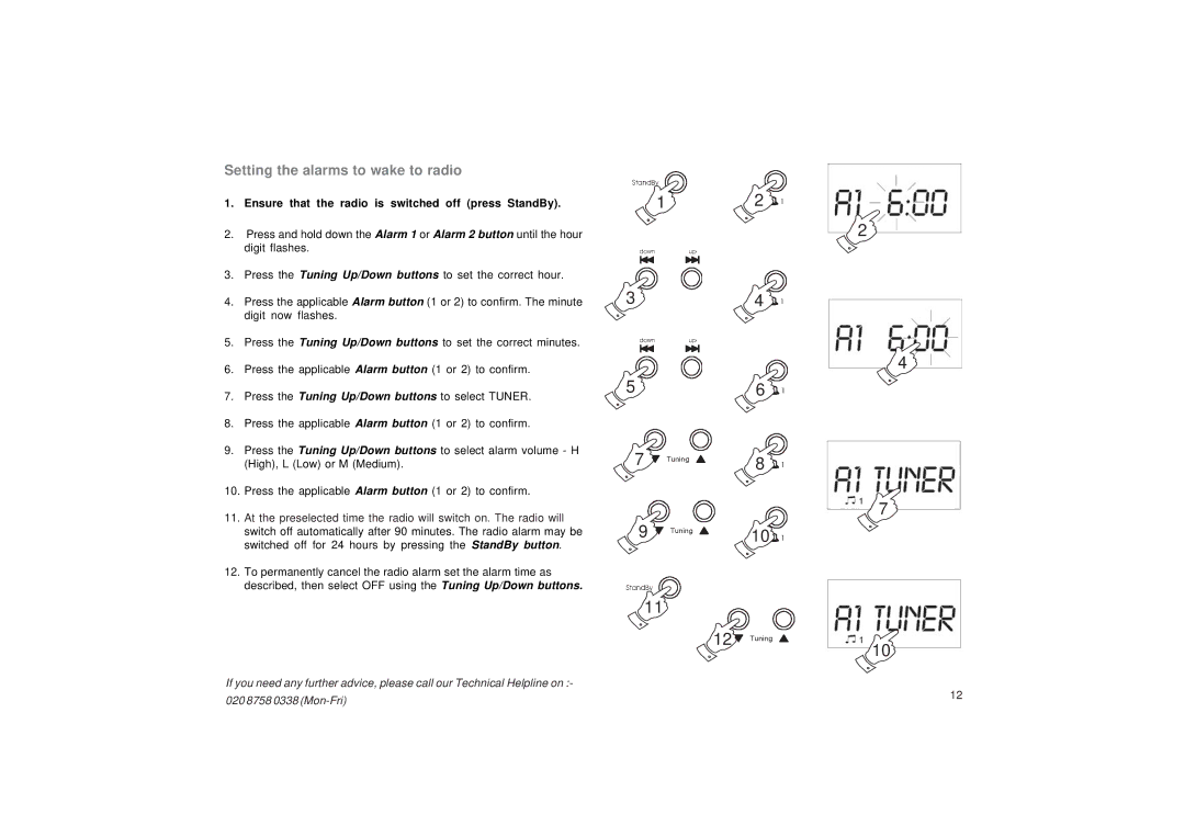 Roberts Radio CR9987 manual Setting the alarms to wake to radio 