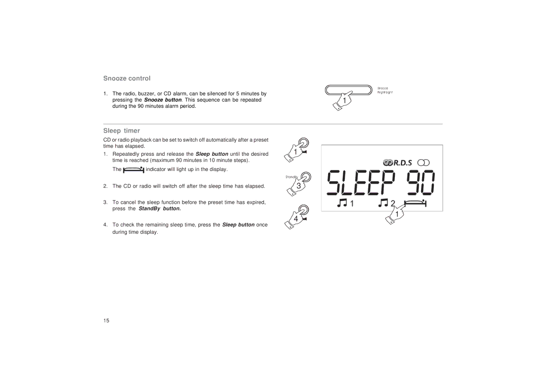 Roberts Radio CR9987 manual Snooze control, Sleep timer 