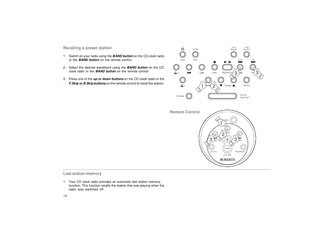 Roberts Radio CR9987 manual Recalling a preset station, Last station memory 