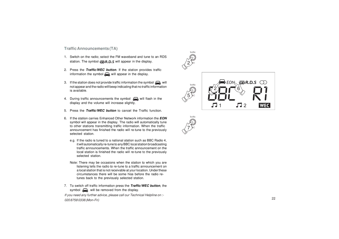 Roberts Radio CR9987 manual Traffic Announcements TA 