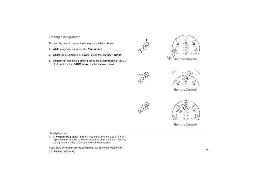 Roberts Radio CR9987 manual Erasing a programme, Remote Control Headphones 