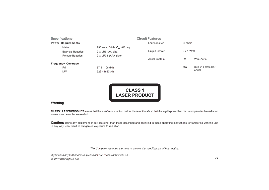 Roberts Radio CR9987 manual Specifications Circuit Features, Power Requirements 