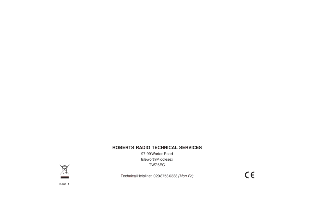 Roberts Radio CR9987 manual Roberts Radio Technical Services 