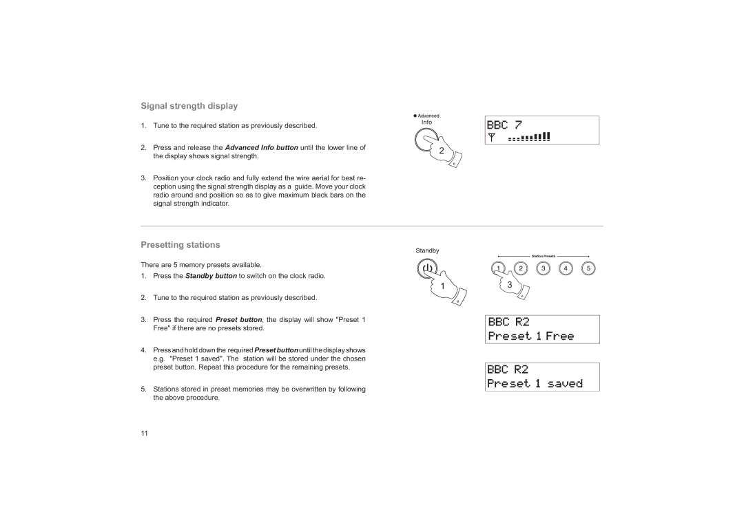 Roberts Radio CRD-19 manual Signal strength display, Presetting stations 