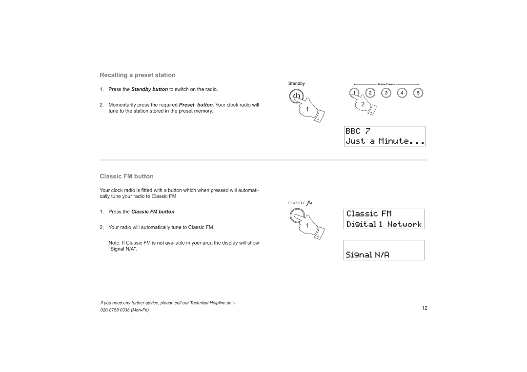 Roberts Radio CRD-19 manual Recalling a preset station, Classic FM button 