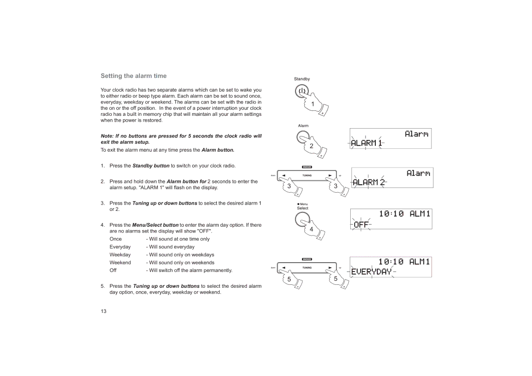 Roberts Radio CRD-19 manual Setting the alarm time 