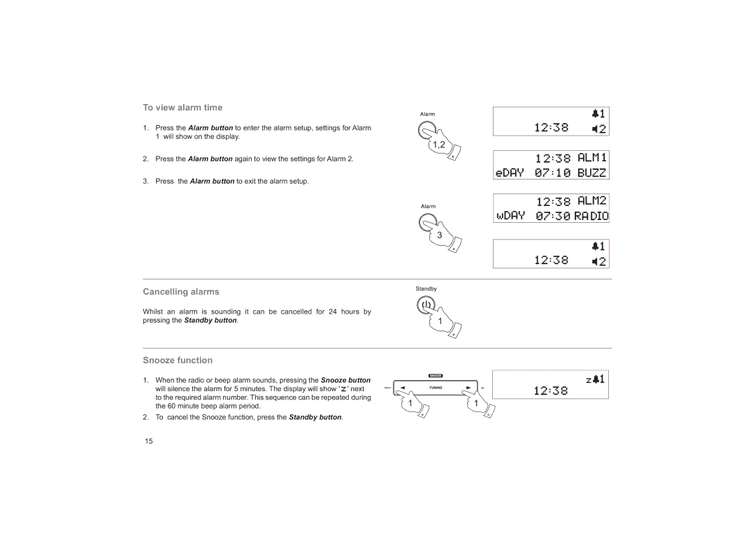 Roberts Radio CRD-19 manual To view alarm time, Cancelling alarms, Snooze function 